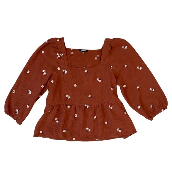 Madewell Amie Floral Embroidered Lightspun Millbrook Puff-Sleeve Peplum Top LG - Picture 11 of 11